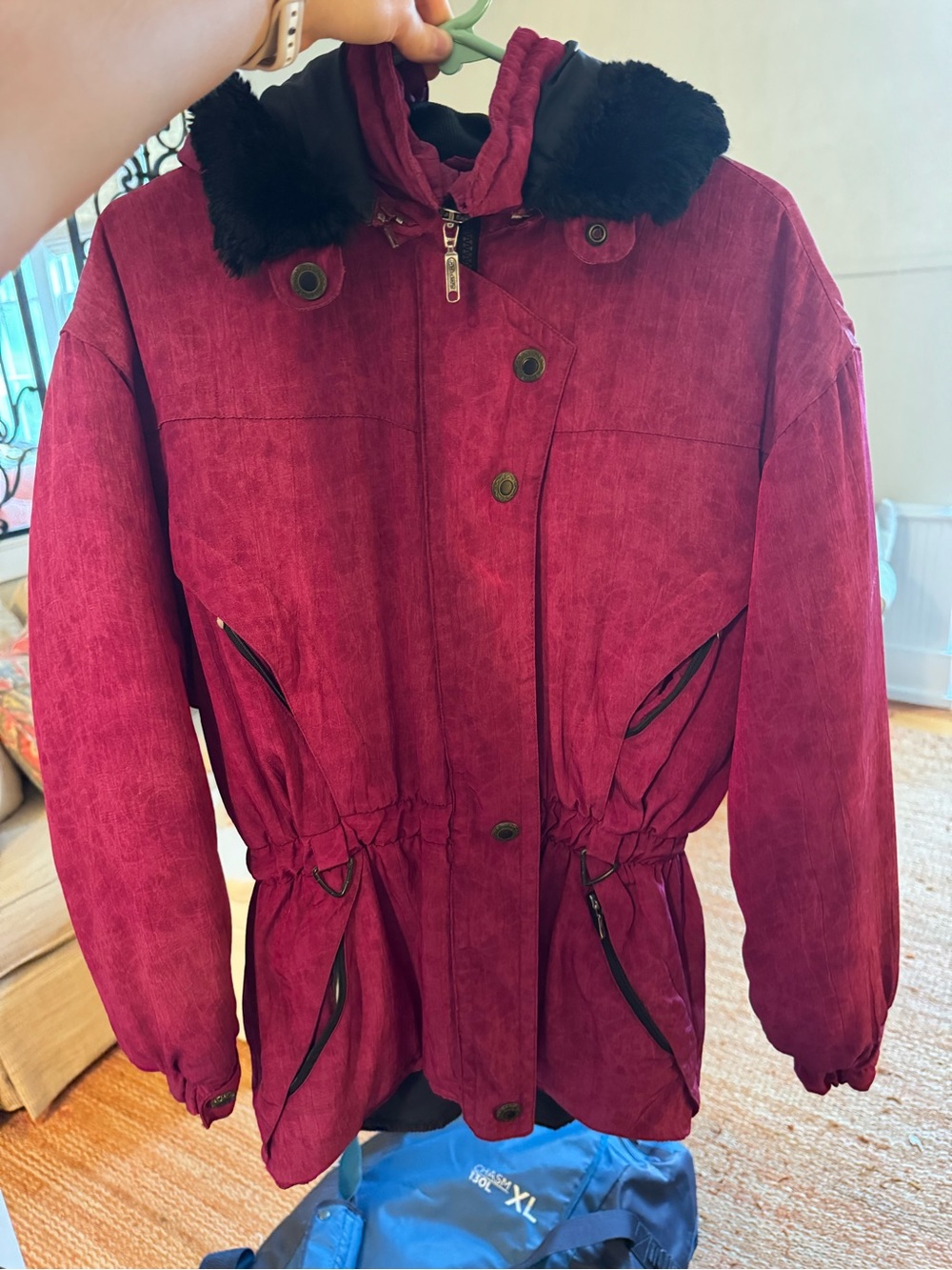 Black Bead Burgundy Puffer Parka with Black Fur Collar